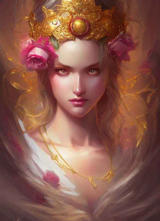 Prompt: goddess of beauty wide angle view, roses, flowers, gold, diamonds, highly detailed, artgerm, cushart krenz, artstation, soft light, sharp focus, illustration, character design, concept art