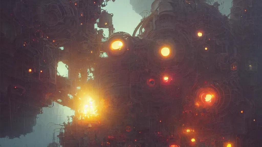 Image similar to a machine conjuring!!! an image!!! from noise!!!, by chris foss, marc simonetti, greg rutkowski, and diego gisbert llorens, cinematic closeup!!, colorful, intricate, clean, hopeful, 8 k render, volumetric lighting