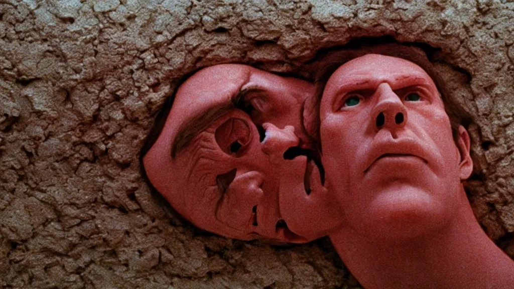 Image similar to the giant human head made of wax above the house, film still from the movie directed by Wes Anderson with art direction by Zdzisław Beksiński, wide lens