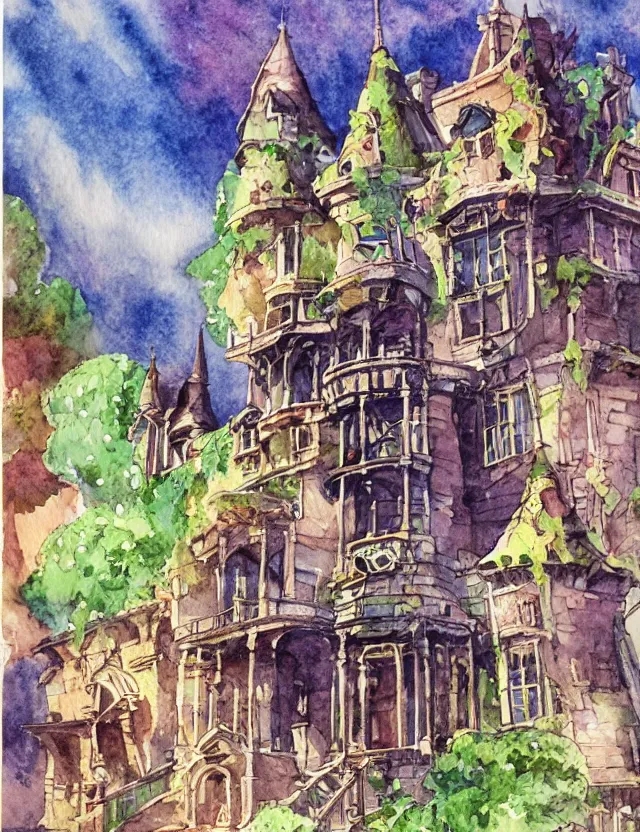 Prompt: delapidated magic castle. this watercolor painting by the beloved children's book author has interesting color contrasts, plenty of details and impeccable lighting.