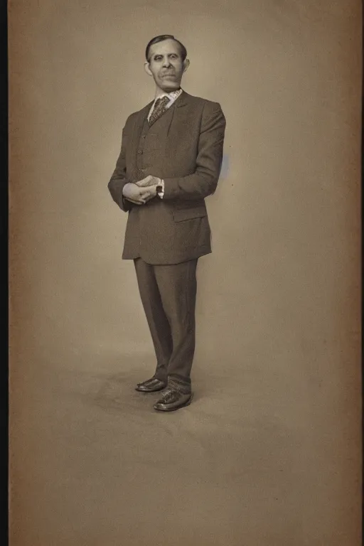 Prompt: vintage full body portrait of an octopus headed man in a suit, sepia