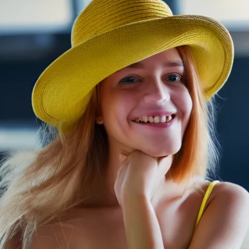 Image similar to portrait of a smiling 2 0 - year - old woman with angle lost profile nails pretty face, medium yellow blond hair, character with a hat, hair comes out of the hat a little