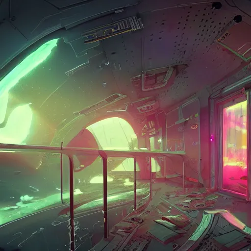 Image similar to !dream arriving on a derelict space station, ominous, epic, wonderfully colorful, illustration, ink lines, accurate, weird, neon ink, clean, minimal, 8k, octane render