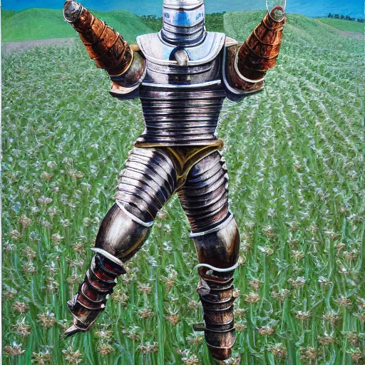 Prompt: a detailed oil painting of a full armored knight, dancing in a field of cannabis plants