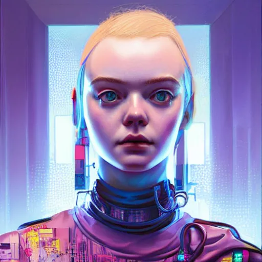 Prompt: a striking hyper real illustration of cyberpunk Elle Fanning by Josan Gonzalez