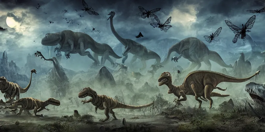 Image similar to exciting and spooky adventure landscape featuring dinosaurs and flying insects