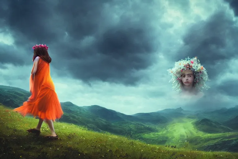 Image similar to giant dahlia flower crown under head, girl walking on mountain, surreal photography, blue storm clouds, dramatic light, impressionist painting, digital painting, artstation, simon stalenhag