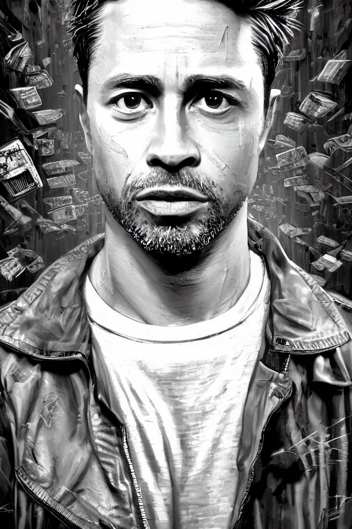 Image similar to cinematic portrait of Tyler Durden. Centered, uncut, unzoom, symmetry. character illustration. Surreal render, ultra realistic, zenith view. Polished. Inspired by patricio clarey, heidi taillefer scifi painter glenn brown. Extremely ornated. artstation, cgsociety, unreal engine, ray tracing, detailed illustration, hd, 4k, digital art, overdetailed art. Dslr, tiltshift, dof. 64megapixel. complementing colors. Trending on artstation, deviantart,