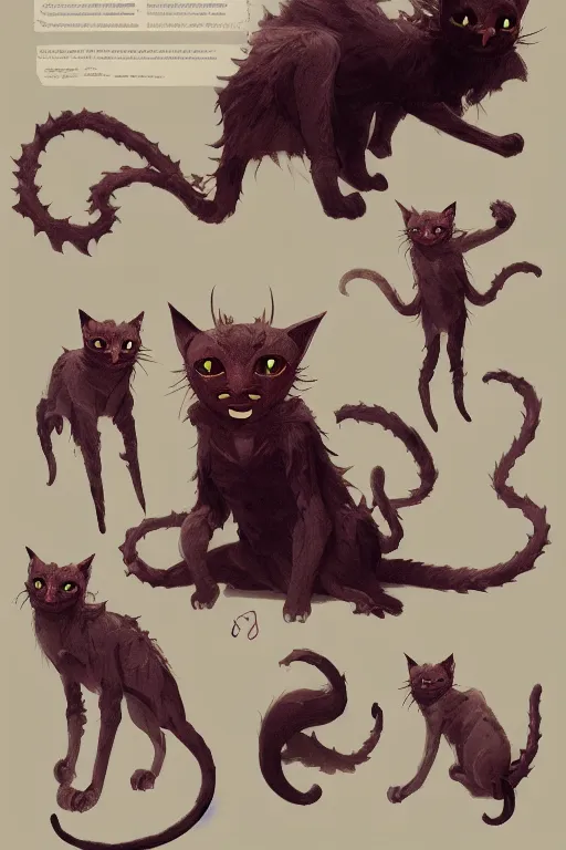 Image similar to cursed demon possesing a cat like australian boy design, character sheet, greg rutkowski, zabrocki, karlkka, jayison devadas, trending on artstation, 8 k, ultra wide angle, zenith view, pincushion lens effect