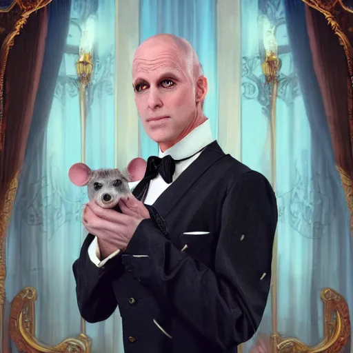 Prompt: photo realistic picture of older fantasy butler that looks similar to michael kane, handsome, 4 k, oil painting filter, balding, well dressed, full body portrait, pet rat on shoulder