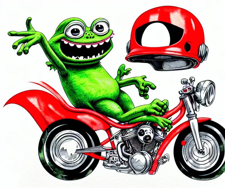 Image similar to cute and funny, pepe smiling wearing a helmet riding in a tiny hot rod harley with oversized engine, ratfink style by ed roth, centered award winning watercolor pen illustration, isometric illustration by chihiro iwasaki, edited by range murata, details by artgerm