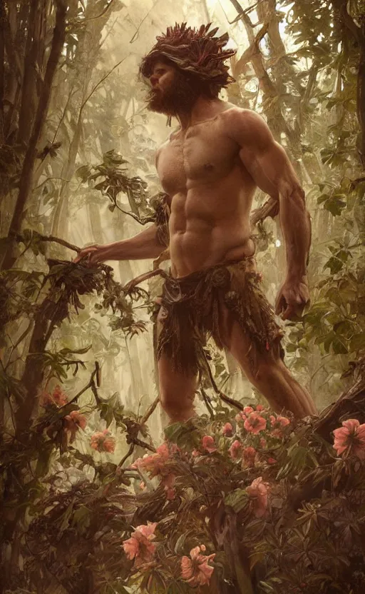 Image similar to god of the forest, 3 0 years old, rugged, handsome, male, detailed face, clean lines, atmospheric lighting, amazing, full body, thighs, flowers, muscular, intricate, highly detailed, digital painting, deviantart, concept art, sharp focus, illustration, art by greg rutkowski and alphonse mucha