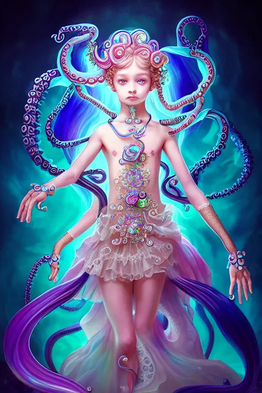 Image similar to A full body shot of a cute young magical girl wearing an ornate dress made of opals and tentacles. Monster GIrl. Subsurface Scattering. Dynamic Pose. Translucent Skin. Rainbow palette. Rainbowcore. defined facial features, symmetrical facial features. Opalescent surface. Soft Lighting. beautiful lighting. By Giger and Ruan Jia and Artgerm and WLOP and William-Adolphe Bouguereau and Loish and Lisa Frank. Fantasy Illustration. Sailor Moon. Masterpiece. trending on artstation, featured on pixiv, award winning, cinematic composition, dramatic pose, sharp, details, Hyper-detailed, HD, HDR, 4K, 8K.