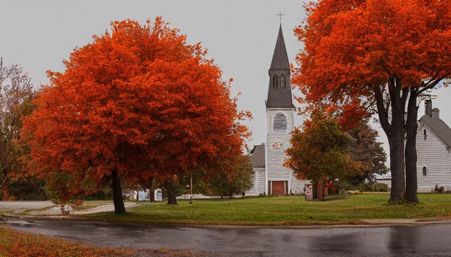 Image similar to small midwest town in autumn, church, leafs, grey sky, square, trees, hyperdetailed, artstation, cgsociety, 8 k