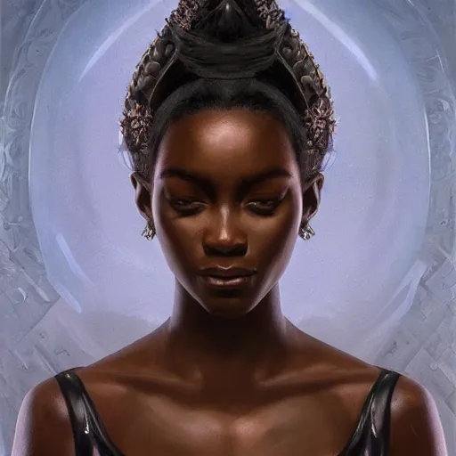 Prompt: studio portrait of a black queen with a beautiful eyes, ultra realistic, concept art, intricate details, eerie, horror, highly detailed, photorealistic, octane render, 8 k, unreal engine. art by artgerm and greg rutkowski and alphonse mucha