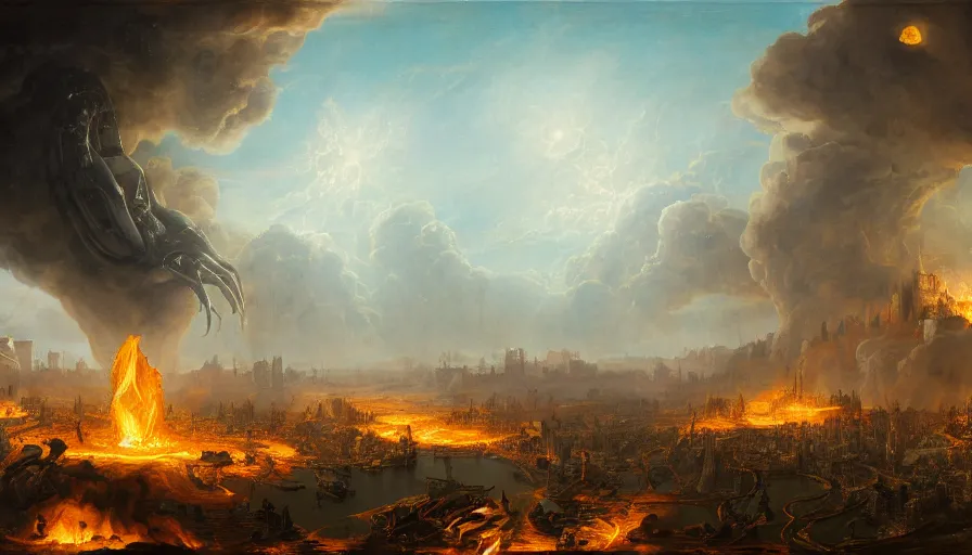 Image similar to 1 6 8 7's baroque painting of alien invasion on earth, destruction, fire and ashes, smoke columns, destroyed cities, day or night, hyperdetailed, artstation, cgsociety, 8 k