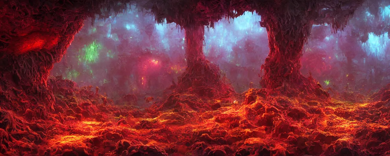 Prompt: ” mycelium, roots, deep cavern, [ moist, wet, cinematic, detailed, epic, widescreen, opening, establishing, mattepainting, photorealistic, realistic textures, octane render, art by paul lehr ] ”