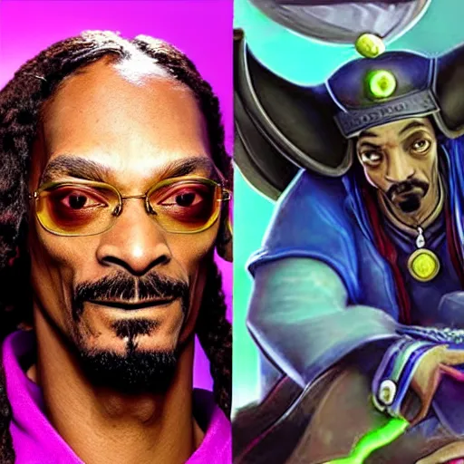 Image similar to Snoop Dogg as a character in the game League of Legends, with a background based on the game League of Legends, detailed face