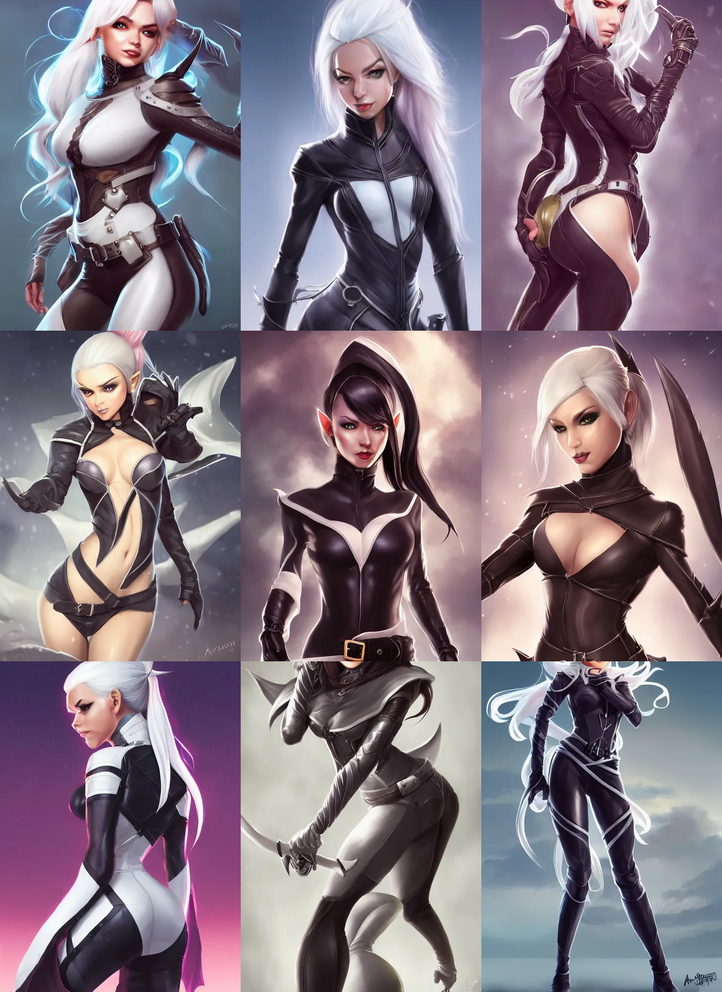 Prompt: backveiw picture of elf rogue, female, white skin, ponytails, skintight leather clothes, curves, short coat, face details, extremely detailed, smooth, sharp focus, digital illustration, by artgerm, rossdraws, sakimichan
