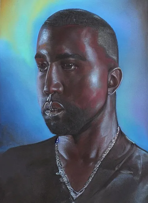 Image similar to ( ( ( ( ( beautiful painting of [ kanye west ], [ kanye west ] concept art, sci - fi illustration, airbrush watercolor painting [ cyberpunk ] ) ) ) ) ) by marlene dumas and archan nair [ hyperrealism ]!!!!!!!