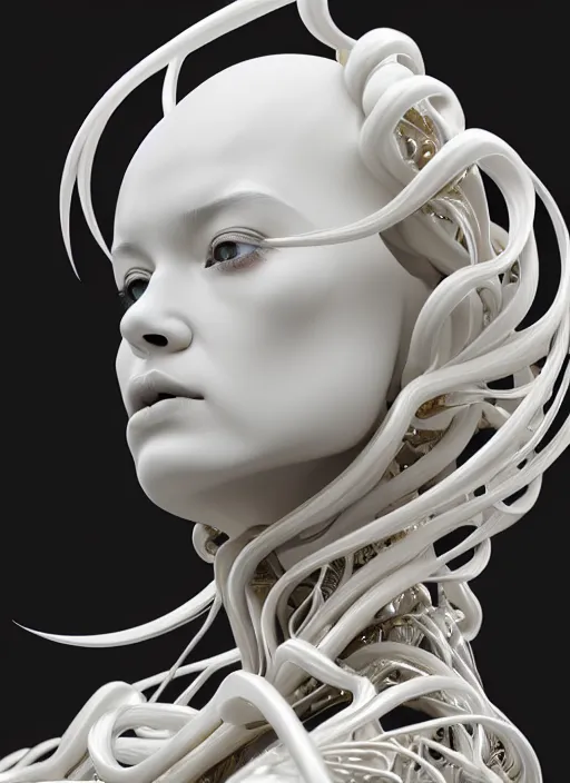 Prompt: hyper detailed ultra sharp portrait of a beautiful well contoured porcelain ivory smooth fair subconscious god tendrils, up close shot, sharp focus, global illumination, radiant light, biomechanical white silver gold rhizomorphs, cyberpunk brackets, alexandre ferra white mecha, irakli nadar, alexander mcqueen, octane highly render, 4 k, ultra hd,