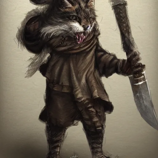 Prompt: humanoid homeless cat wielding a sword and wearing rags, d & d, fantasy, concept art, trending on artstation