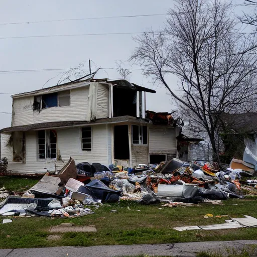 Image similar to a run down house with stacks of trash 1 0 feet high in front of the house. run down house is in a suburban neighborhood in america.