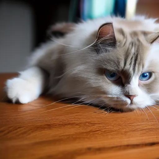 Prompt: a ragdoll cat writing on the desk,4k,