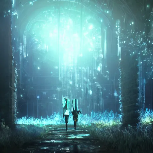 Image similar to scenery artwork, scene luminous, bioluminescent acrylic and cold nier automata pixiv scenery artwork : nature dream wire vegetation magic density infinite, macro seminal dream points of icy, frozen vaporwave shards tempted to turn into a dream scenery, high quality topical render, nier automata, concept art