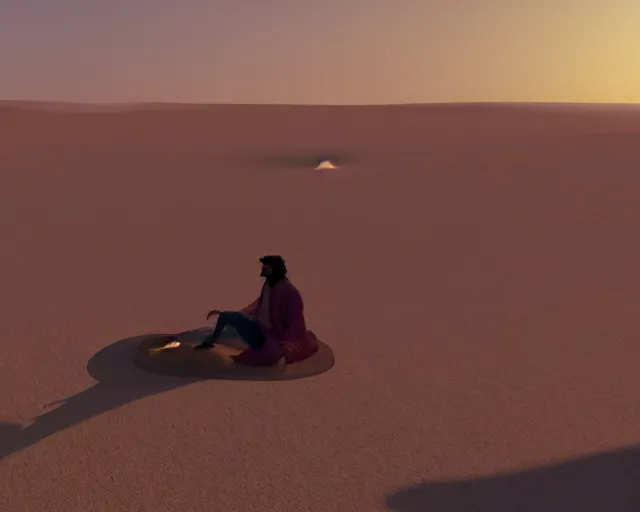 Image similar to a brown man aladdin floating on a magical carpet ride over the arabic desert. realistic 16k footage.