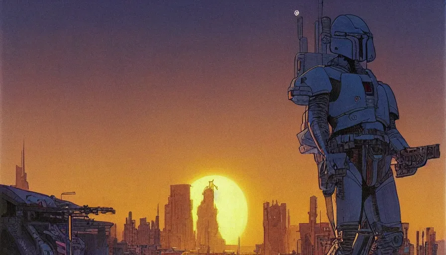 Prompt: Sun setting in a utopian futuristic cityscape with a bounty hunter in the foreground, by Jean Giraud, by Moebius, highly detailed, oil on canvas