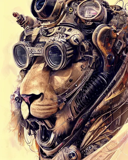 Image similar to a lion wearing a helmet with goggles on its head, cyberpunk art by Android Jones, cgsociety, retrofuturism, steampunk, dystopian art, sci-fi