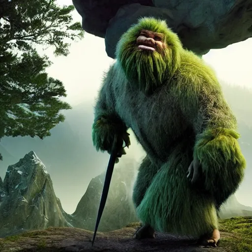 Image similar to still from a movie with cutting edge practical effects, giant humanoid troll with light green skin and big nose, burly, wearing long fur toga and holding sword, highly textured, fantasy, D&D, HDR, dramatic light, in alpine setting with mastadons in the background, wide angle shot, shallow depth of field, dynamic pose, award winning photograph!