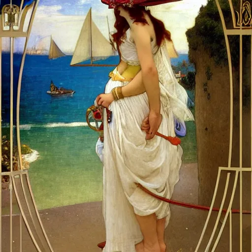 Image similar to A girl with jester hat and clothes on a greek archi circle on the front of a Balustrade with a beach and a sail boat on the background, major arcana clothes, by alphonse mucha and arnold böcklin arnold böcklin arnold böcklin, paul delaroche, hyperrealistic 8k, very detailed