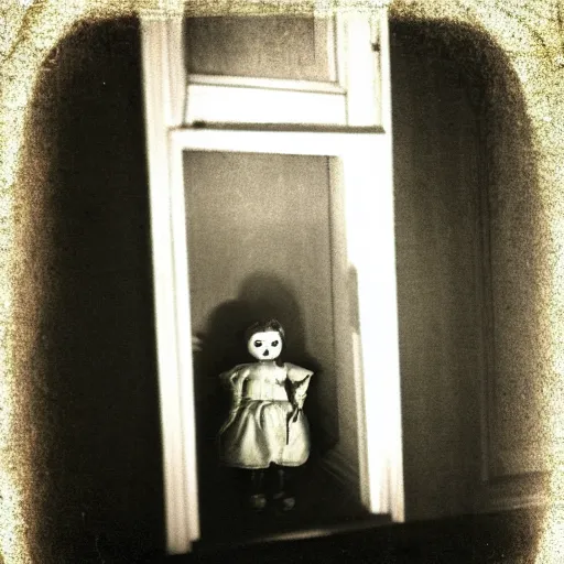 Image similar to creepy vintage doll in darkly lit hallway photo kodak brownie photo