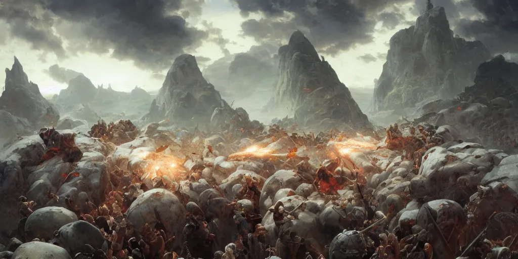 Image similar to barbarians, norse gods, fighting epic battle on rocks floating in the sky, celestial fortress in the clouds, thunder, good composition, artstation, 4 k illustration sharp focus cloceup sunlit painted by ruan jia raymond swanland lawrence alma tadema zdzislaw beksinski norman rockwell tom lovell alex malveda greg staples