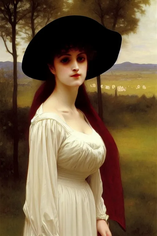 Image similar to victorian vampire in a biggest hat, white dress, painting by rossetti bouguereau, detailed art, artstation