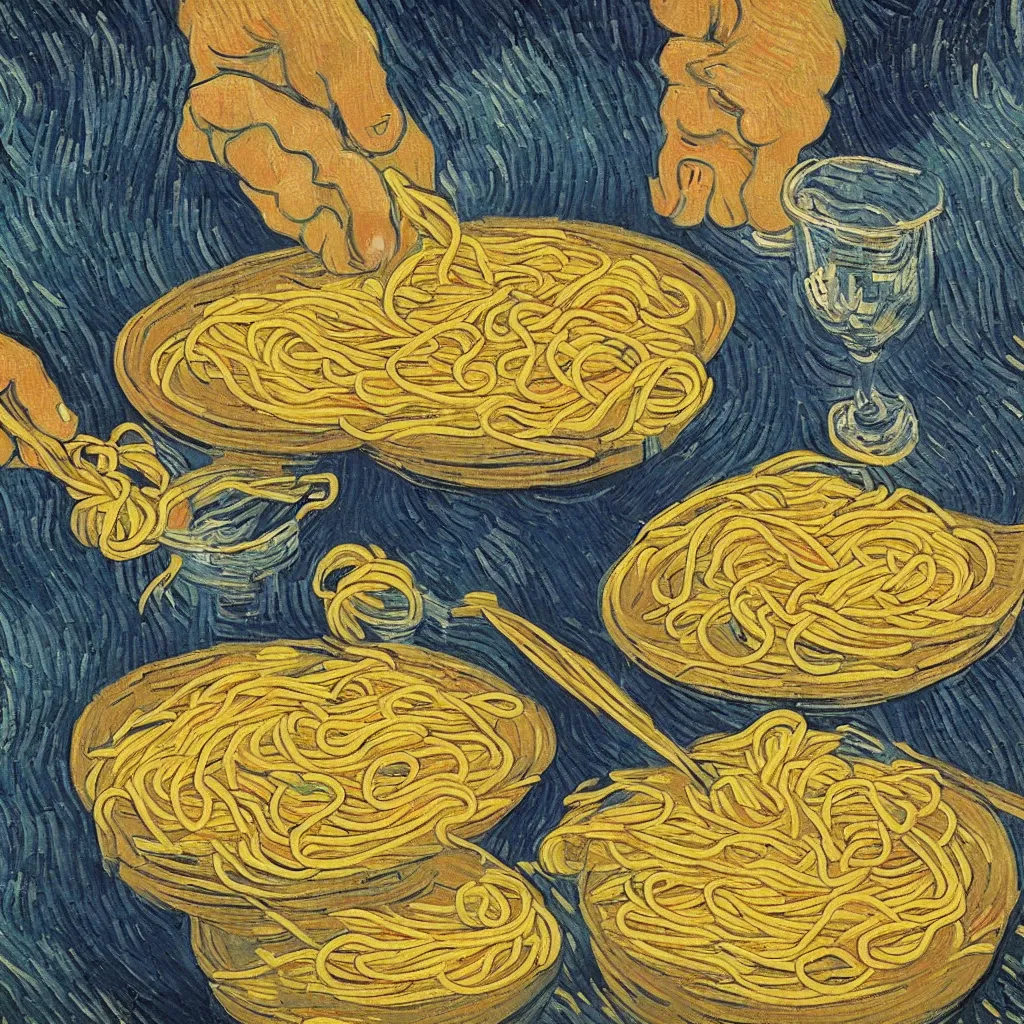 Prompt: Van Gogh eating spaghetti