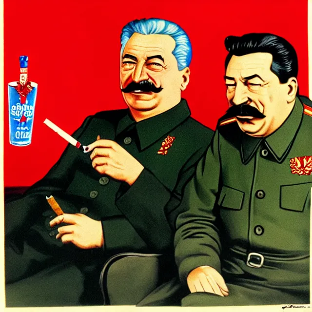 Image similar to stalin and yeltsin in hell drink vodka and smoke cigarettes, scary art in color