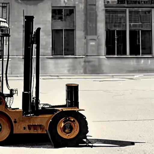 Prompt: photograph of steampunk forklift going downtown