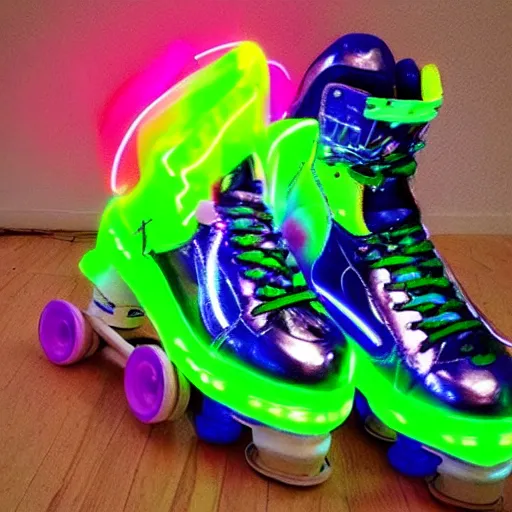 Prompt: roller blades covered in neon paint