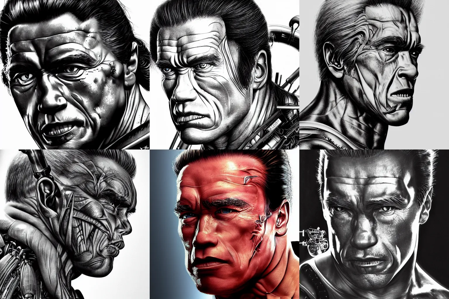 Prompt: Arnold Schwarzenegger Yoshitaka Amano, HR Giger, biomechanics, profile portrait, 4k, wide angle, over-detailed, hyperrealism, anime