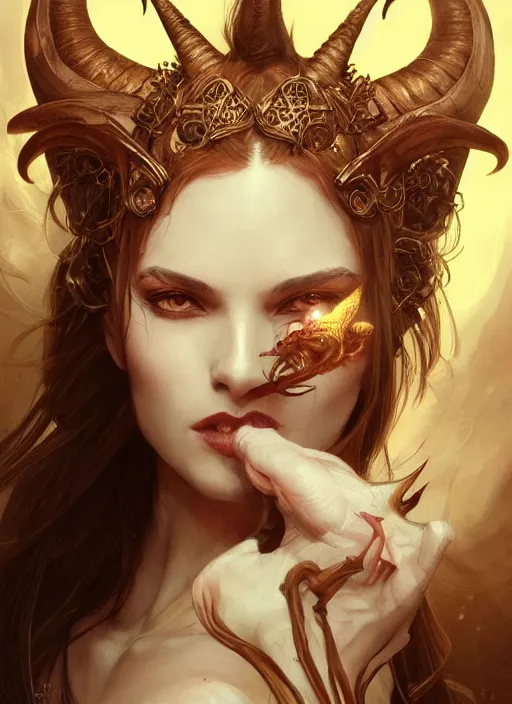 Image similar to a beautiful illustration of a satanic witch with horns in head holding a dragon, intricate, sharp focus, illustration, highly detailed, digital painting, concept art, matte, art by wlop and artgerm and greg rutkowski and alphonse mucha, masterpiece