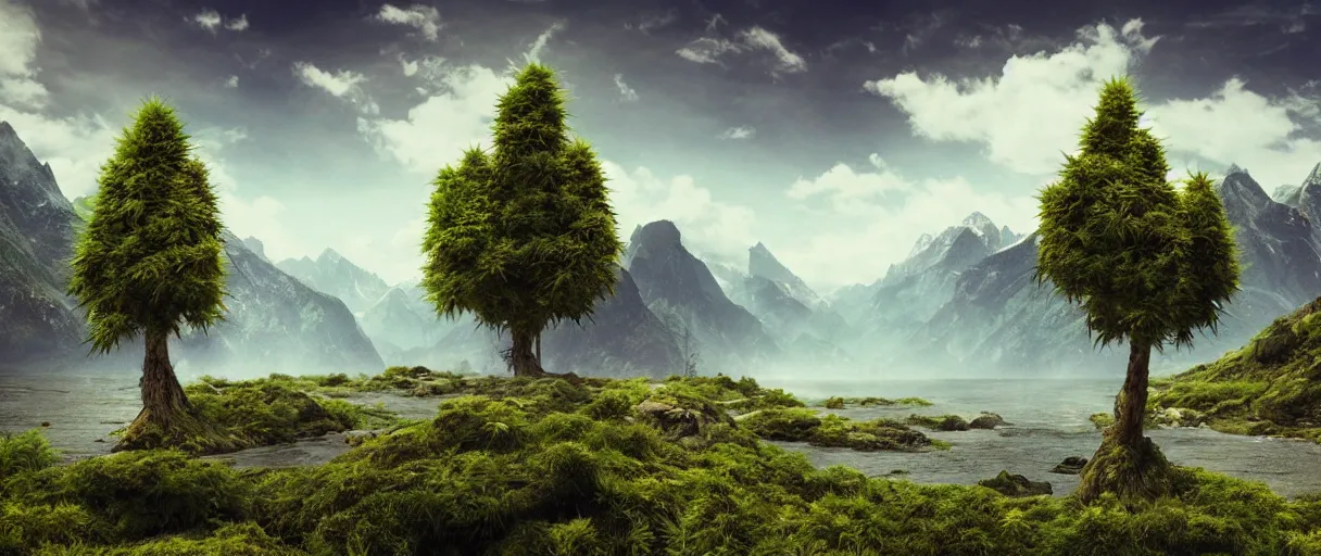 Prompt: realistic giant cannabis monster trees, mountains, river, landscape, photo, concept art, universe in the sky, cinematic lighting, 4k, wide angle, warm tones, Earth,