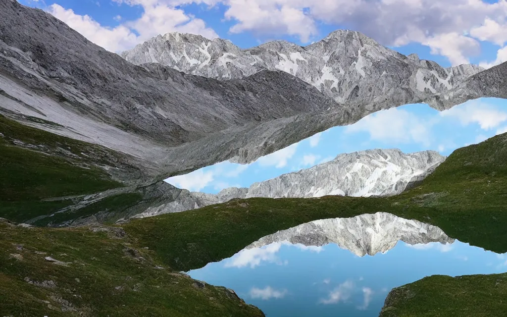 Prompt: the alps and reflection in a lake in the style of georgia o keefe