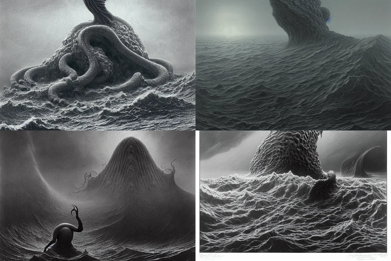 Prompt: epic cthulhu emerging from a tumultuous sea in style of zdzislaw beksinski and moebius by aurie greasley, very detailed, atmospheric, wide angle