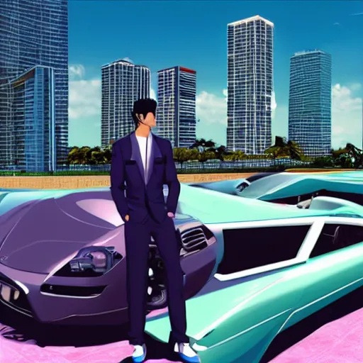 Prompt: vaporwave miami beach yakuza in suit driving in sports car driving with city in background