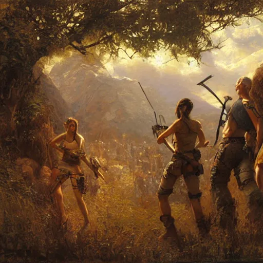 Image similar to lara croft, finds a camp full of humans, highly detailed painting by gaston bussiere, craig mullins, 8 k