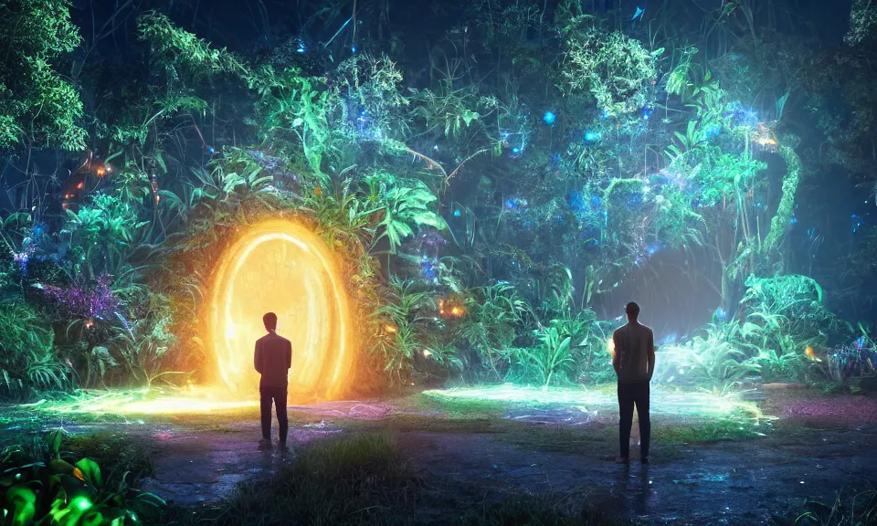 Image similar to a man standing in front of a glowing sparkling gigantic portal in a mysterious jungle, fantasy, flowery, particles, fireflies, octane render, unreal engine, artstation, digital art