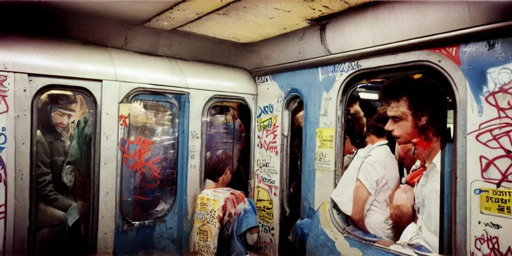 Image similar to new york subway cabin 1 9 8 0 s inside all in graffiti, policeman closeup, coloured film photography, christopher morris photography, bruce davidson photography